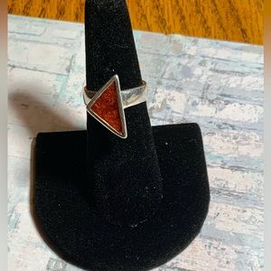 Vintage 925 Unusual Geometric Triangle Boho Ring w/ Orange Stone Sz 5.2
